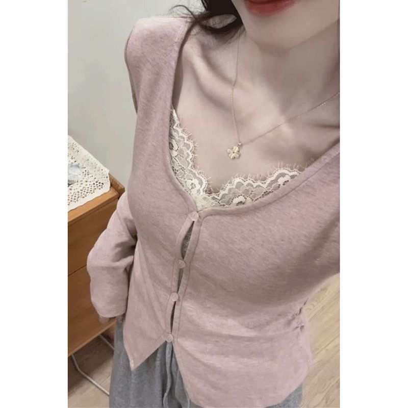 純欲蕾絲拼接修身假兩件百搭短款上衣女春秋冬長袖內搭t恤打底衫
