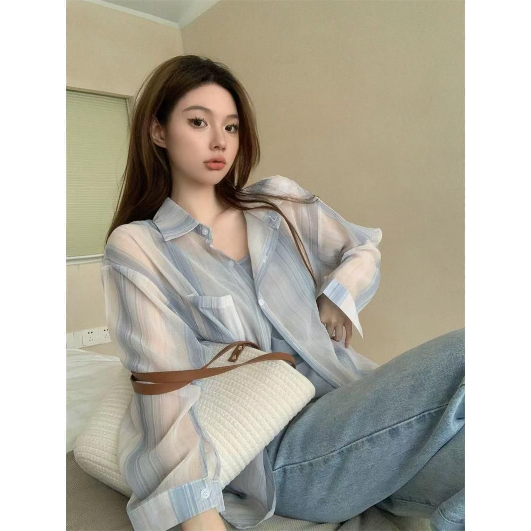 慵懶風豎條紋襯衫女夏季長袖薄款防曬襯衣中長款寬鬆休閒外搭上衣
