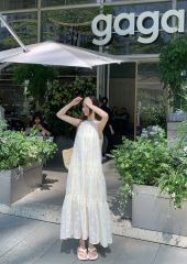 Vacation white lace halter neck dress summer sexy sleeveless off-shoulder long skirt