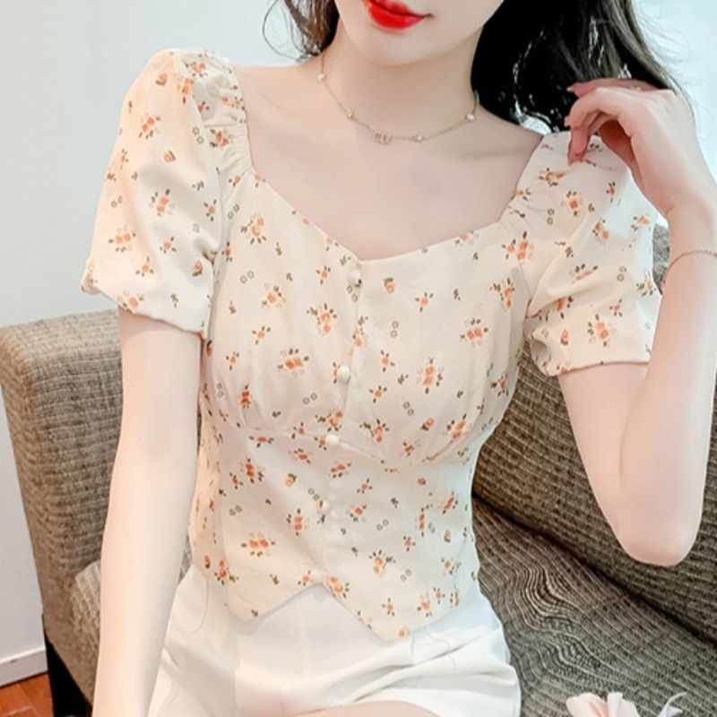 French square collar floral short-sleeved shirt for women 2025 summer new style versatile slim body