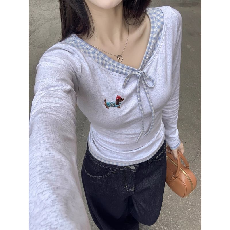 隨心裁 260克假兩件長袖T恤女修身灰色打底衫上衣