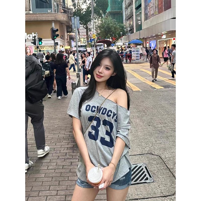 彩棉拉架 美式辣妹斜肩短袖t恤設計感小眾一字露肩上衣