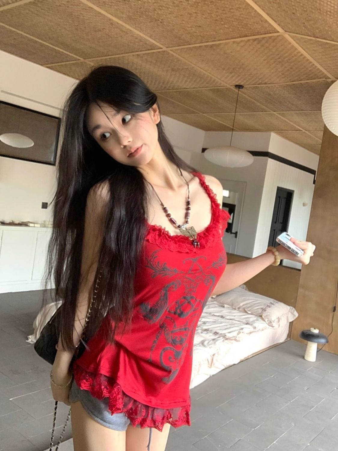 2025新款紅色印花吊帶小背心女夏季花邊拼接辣妹無袖上衣外穿ins