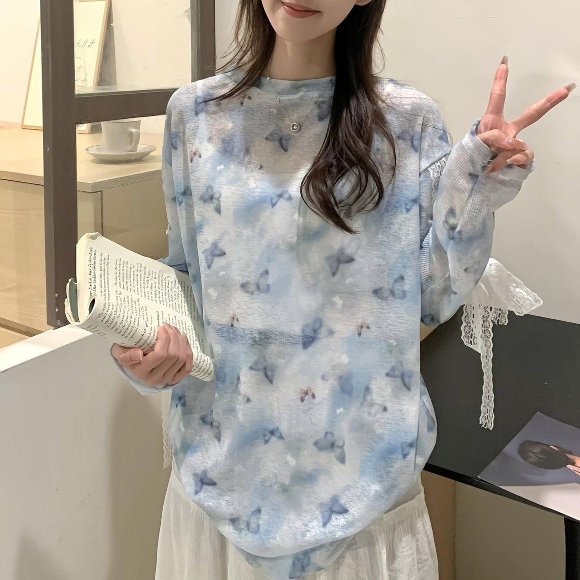 竹節螺紋 寬鬆防曬衣休閒顯瘦印花上衣蝴蝶結蕾絲袖子長袖T恤女