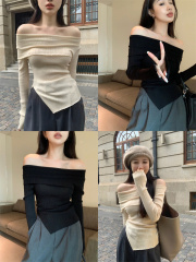 Hot girl one-shoulder long-sleeved knitted base shirt for women in autumn black sexy irregular slim fit short top