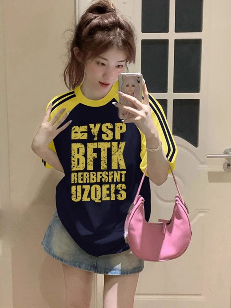 高質量純棉220克精梳緊密印花三條槓寬鬆大版落肩短袖恤女