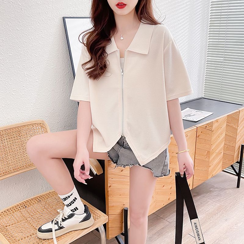 Real shot of waffle summer 2025 versatile solid color zipper short POLO collar design short sleeve T-shirt for women