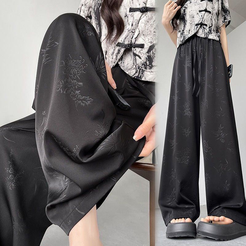 Chinese style satin jacquard Chinese printed cool wide-leg pants for women in summer new high-waist drooping slim casual trousers