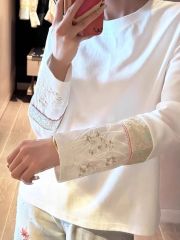 純棉新中式國風刺繡拼接長袖T恤女新款寬鬆百搭白色上衣