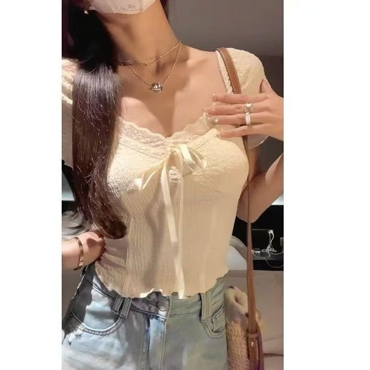 原版面料辣妹蝴蝶結正肩v領短袖t恤女夏季木耳邊短款上衣