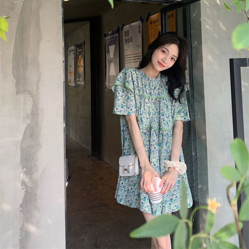 2025 summer new style ruffled small flying sleeve floral dress for women summer small retro loose doll skirt