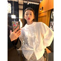 100% Cotton White Women's Top - New Design Long-Sleeve Button-Down French Lace Blouse with Earlap