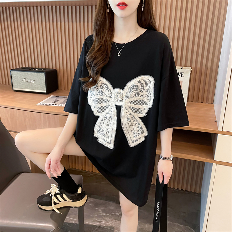 Real-life quality/pure cotton/back collar/loose large-size embroidered bow top T-shirt