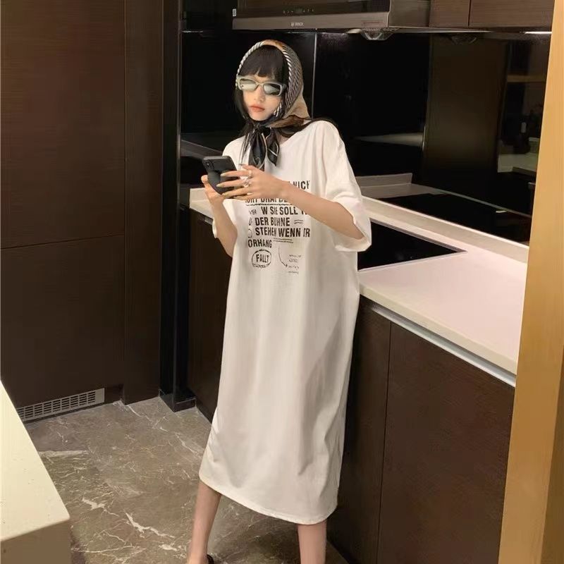 仿棉牛奶絲# 韓系ins風東大門設計感印花裙百搭連衣裙