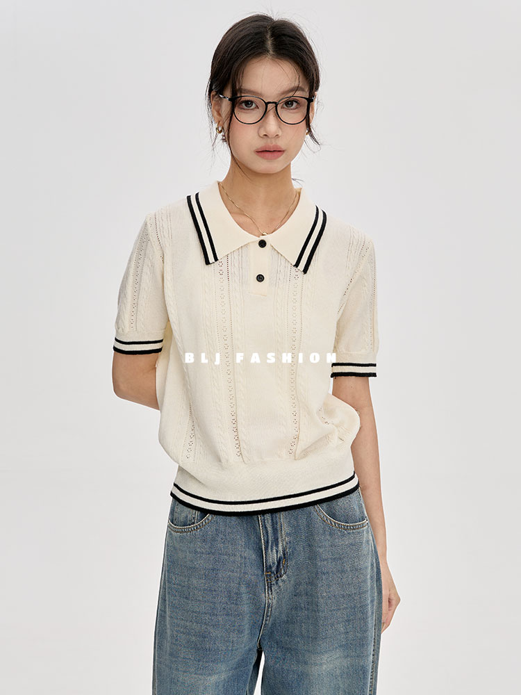 杏色撞色拼接新款簡約寬鬆設計感短袖夏季針織衫T恤女時尚上衣服