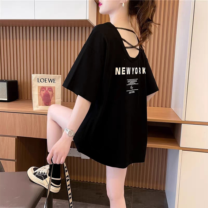 Official photo 200g pure cotton backless short-sleeved T-shirt for women 2025 summer new loose street-fried half-sleeved T-shirt top