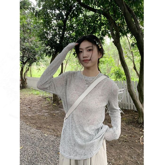 原版面料微透防曬長袖T恤女夏季簡約慵懶寬鬆圓領套頭上衣