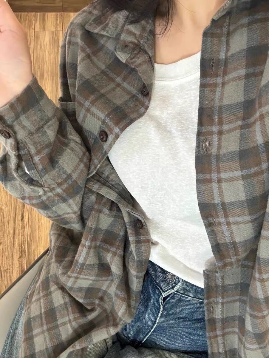 純棉面料chic高級感磨毛格子襯衫女內搭寬鬆百搭中長款襯衣外穿