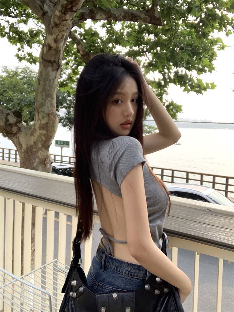 系帶露背短袖T恤女夏季修身短款上衣