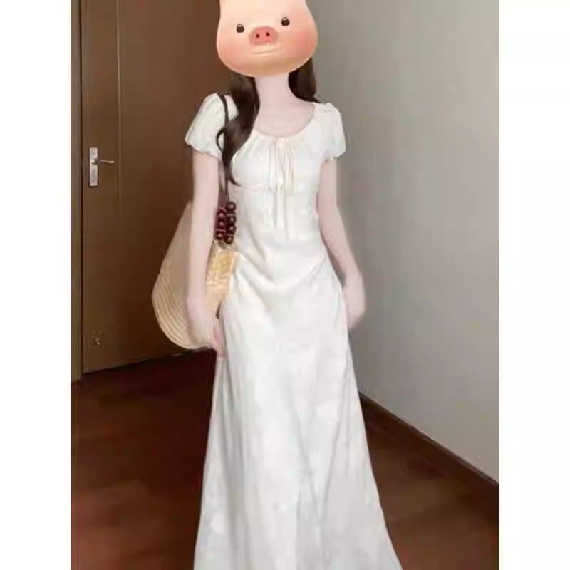 法式溫柔風杏色連衣裙子女裝高級設計感小眾氣質收腰顯瘦長裙夏季