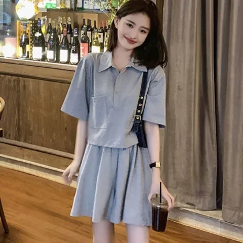 New summer fashion casual sports suit for women's fashionable age-reducing polo collar top + wide-leg shorts two-piece set