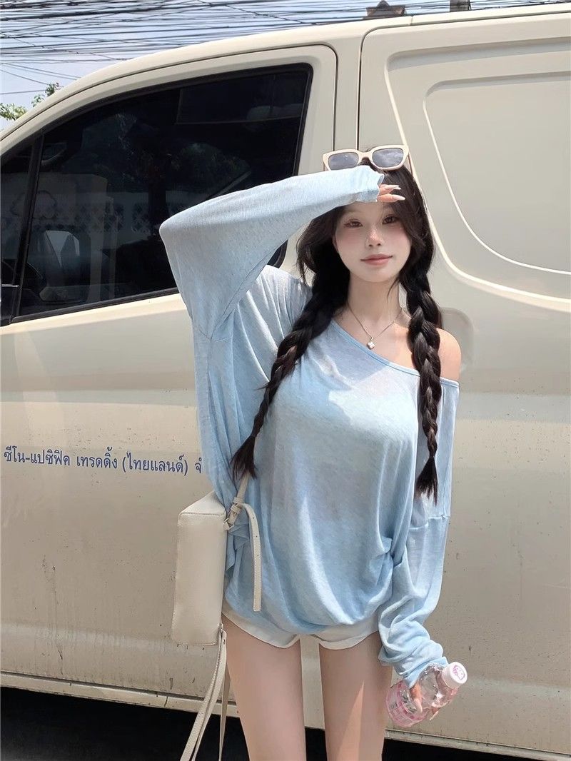 天絲螺紋後背鏤空露肩長袖T恤女夏季辣妹薄款寬鬆防曬罩衫上衣
