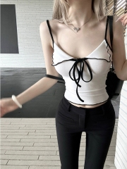 盤盤/撩系甜心/撞色翻領吊帶背心女夏外穿甜辣無袖小上衣修身內搭