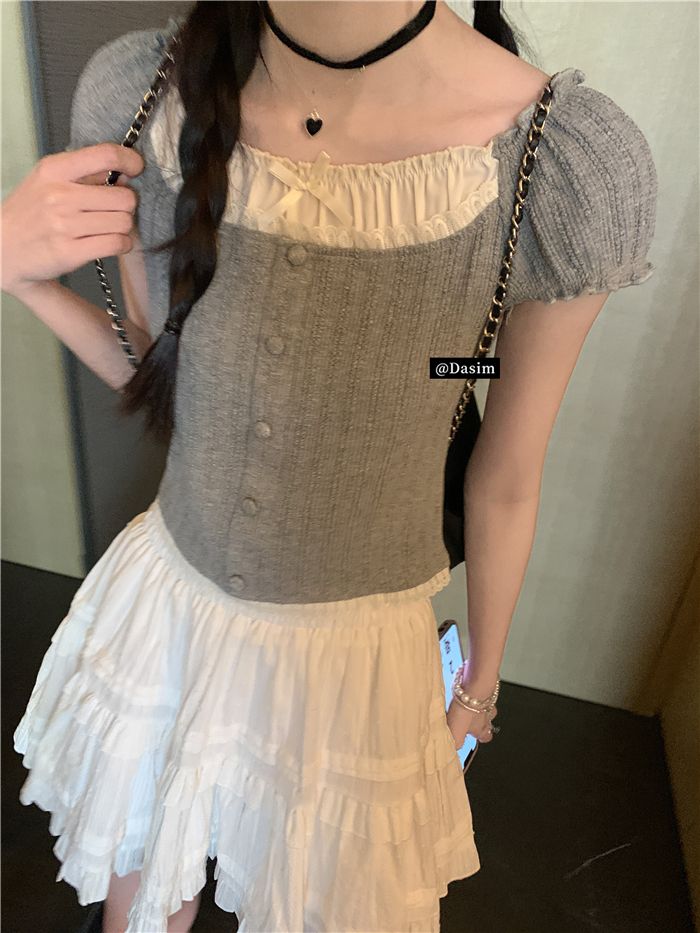 Big sim small sim lace splicing fake two-piece short-sleeved T-shirt for women in summer ballet style knitted short base top