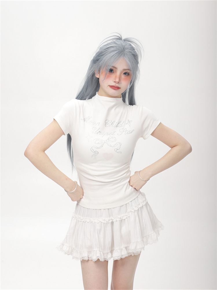 1*1純棉美式甜辣半高領印花正肩短袖t恤女2025夏小眾緊身上衣收腰
