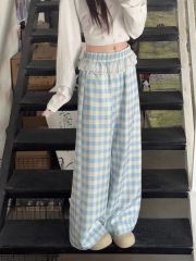 甜辣妹蕾絲邊拼接休閒褲蝴蝶結褲子女夏季寬鬆鬆緊腰闊腿褲直筒褲