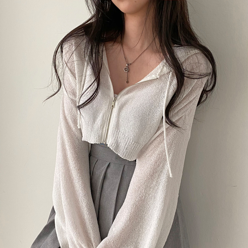 Korean chic hooded short thin sweater jacket ice silk knitted casual cardigan for women