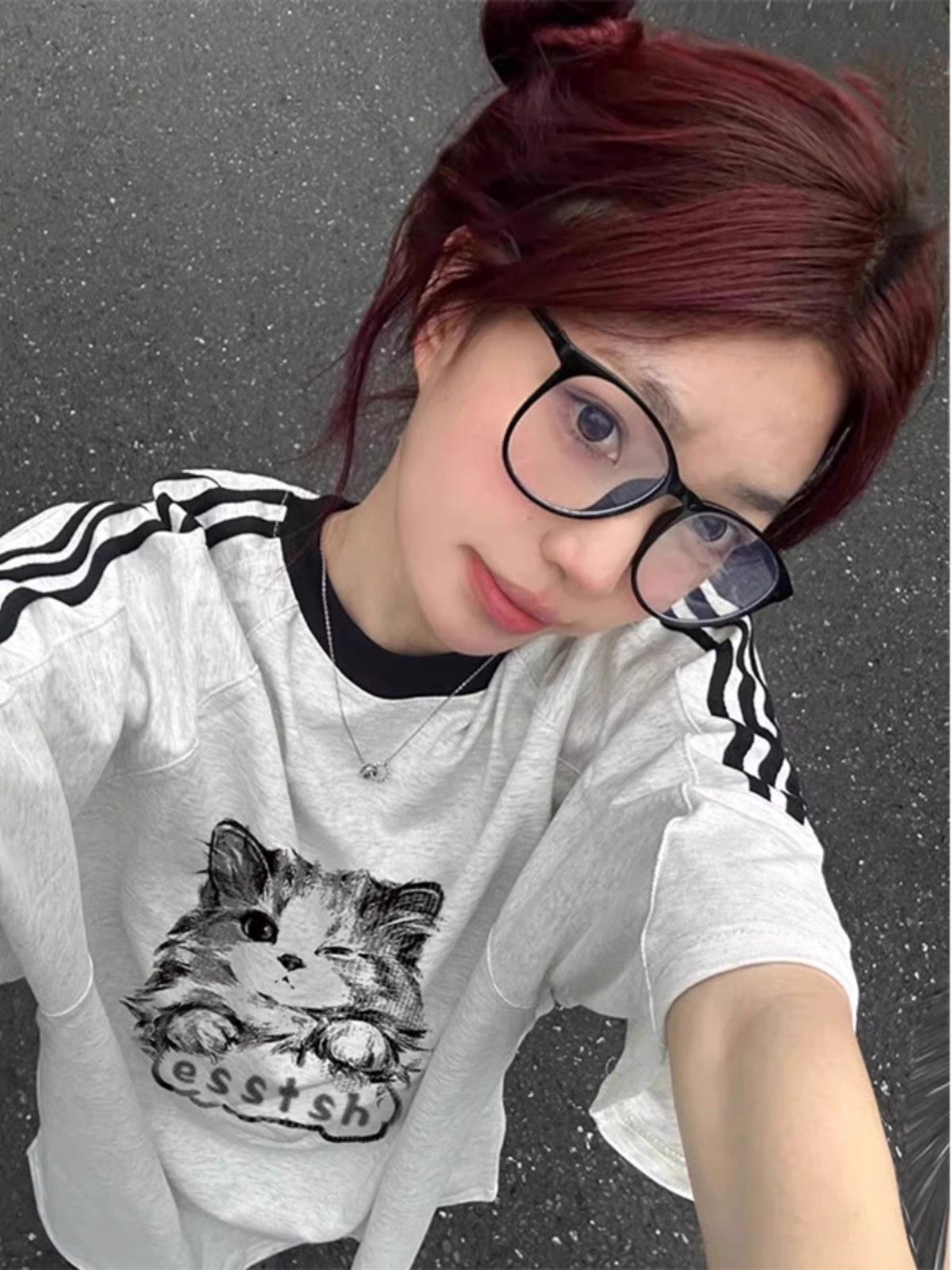 高質量純棉220克精梳緊密印花三條槓寬鬆大版落肩短袖恤女
