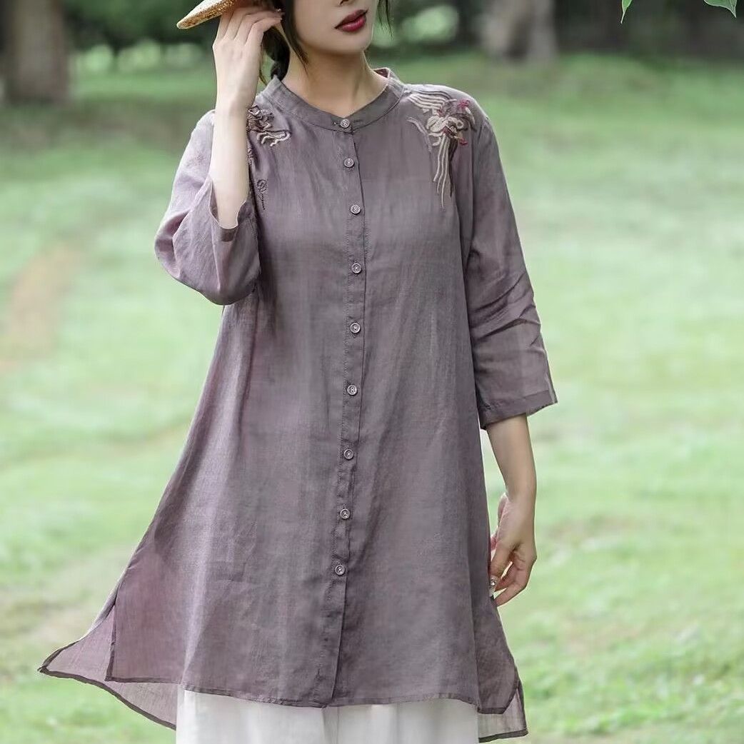 棉麻刺繡襯衫女裝夏季新款寬鬆中長款休閒襯衣百搭舒適透氣薄外套
