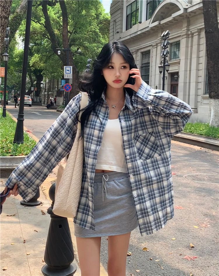 格子襯衫女春夏美式復古中長款polo領別致上衣長袖防曬襯衣潮