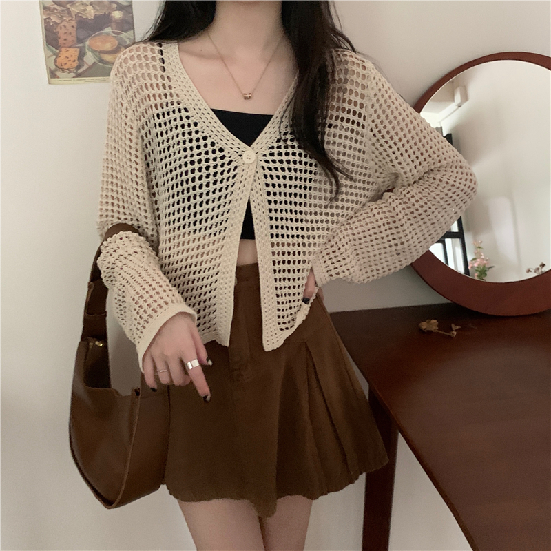 Maillard wears V-neck mesh hollow sunscreen knitted cardigan jacket for women's autumn suspender outerwear with small shawl top