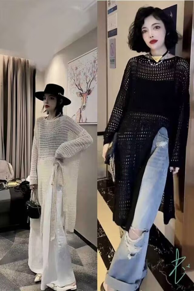 Seaside vacation travel Xiaoxiang style hollow air conditioner mid-length pullover dress with slit loophole design sense women's clothing