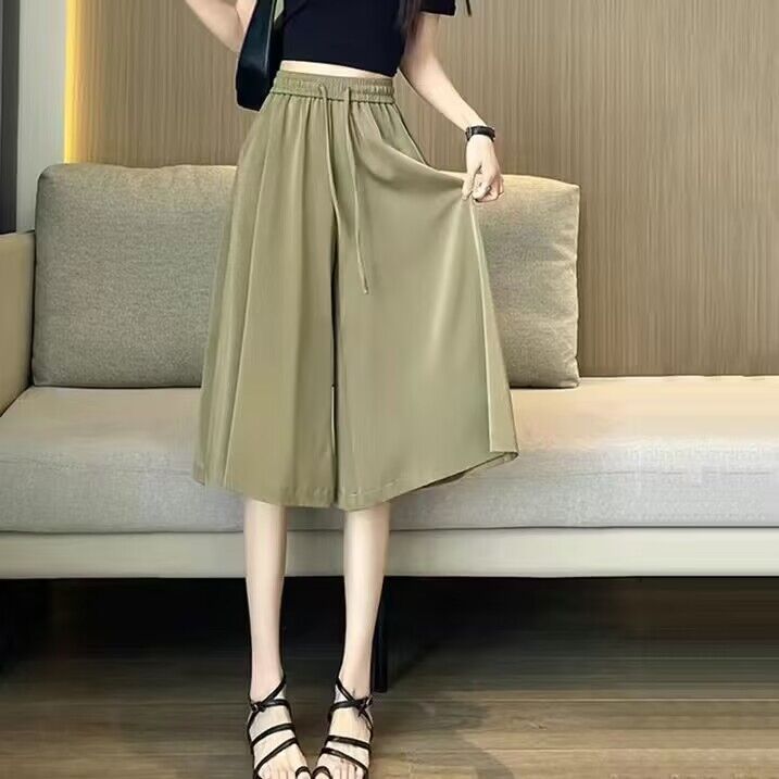 Ice silk wide-leg pants for women in summer new thin high waist drooping slimming loose casual knee-length skirt pants