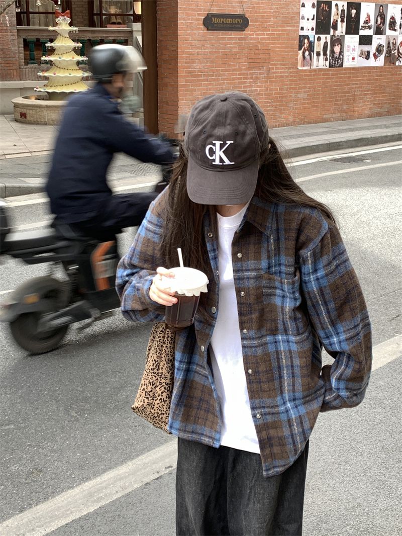 2025春季oneseven新款韓版寬鬆慵懶風格子襯衣女外套