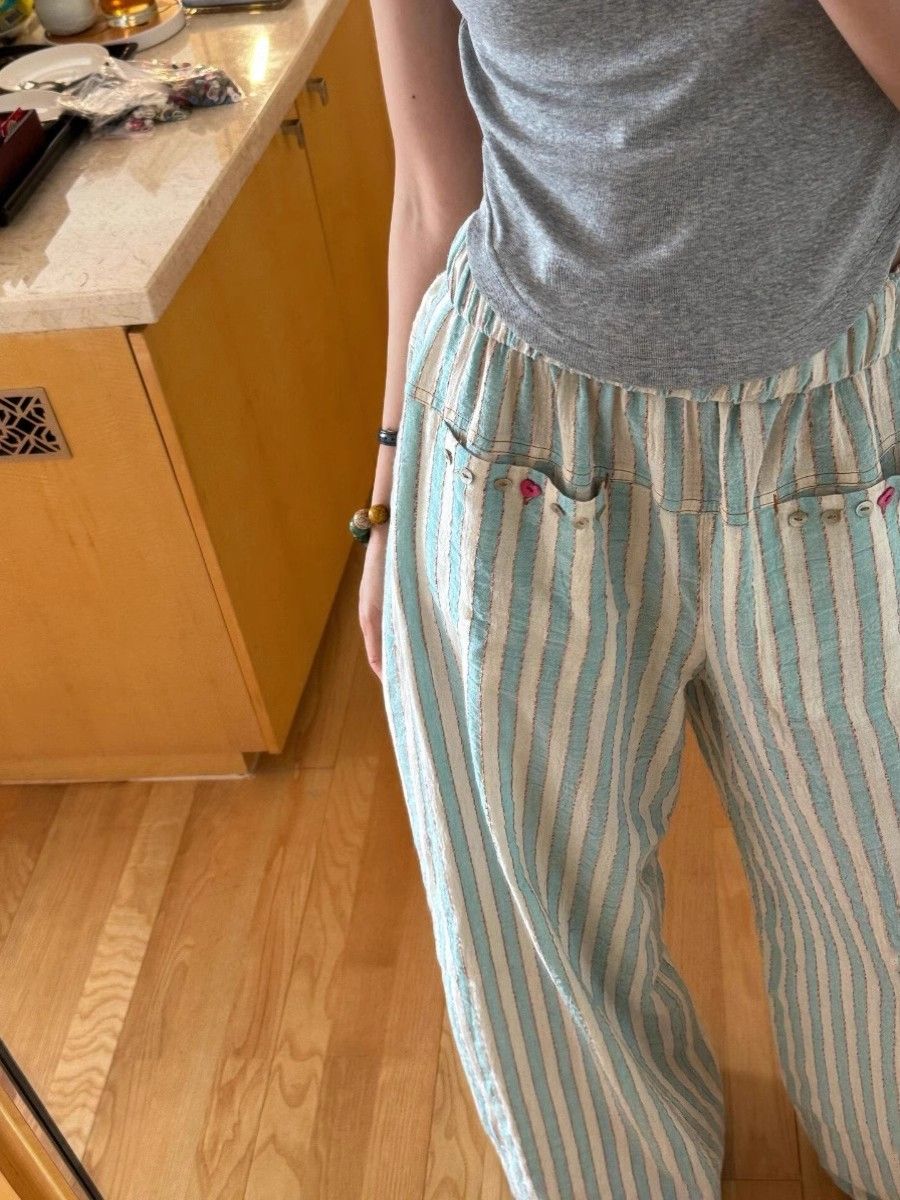 Large S-4XL ins style striped women's trousers summer elastic waist pants casual pants for women