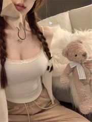 Pure Desire Lace Edge Open Front Camisole Top for Women Summer Sweet and Spicy Girl Fitted Slimming Underwear White Top