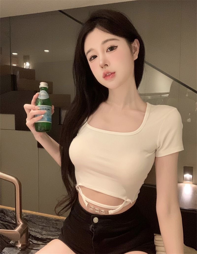 95 cotton ~ Pure and unique sweet hot girl waist short shirt square collar top slim short sleeve T-shirt for women summer niche