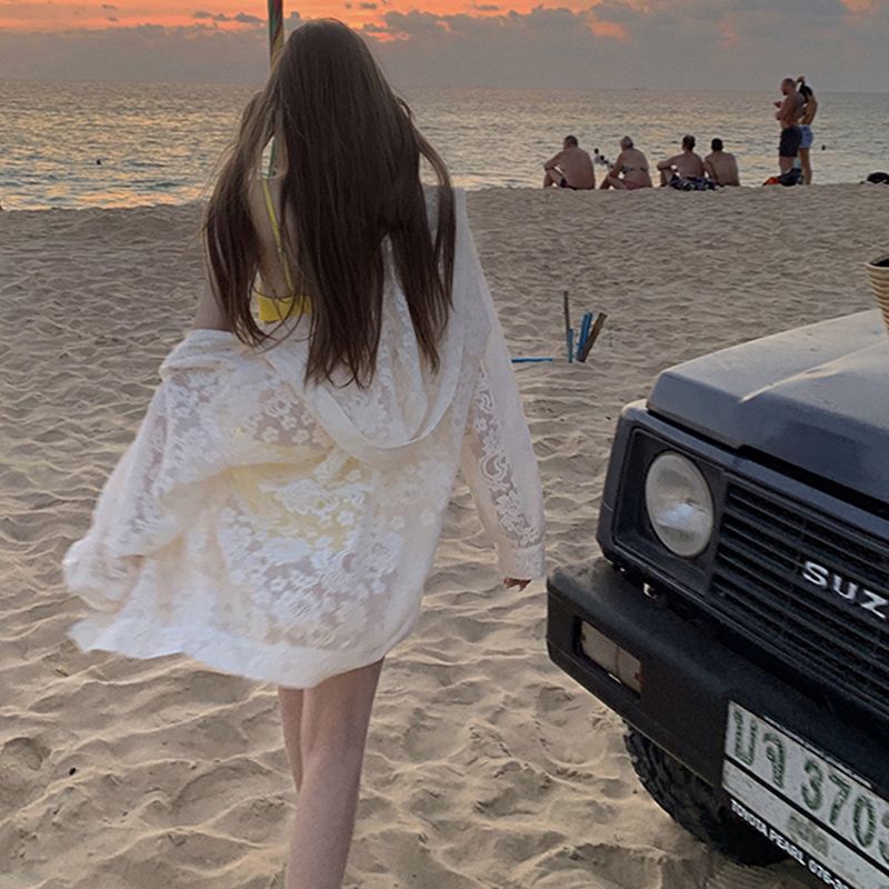 Official photo Thin casual sun protection lace cardigan hooded beach jacket women's loose long-sleeved top summer