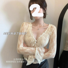 春夏長袖T恤女透視蕾絲v領純欲內搭打底衫疊穿短款上衣