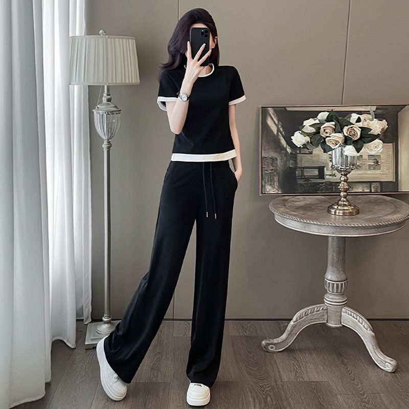 Imitation cotton fashion short-sleeved sports suit for women in summer new black and white spliced ​​round neck T-shirt wide-leg trousers two-piece set