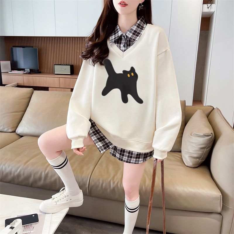 Real shot of 2025 spring and autumn back collar twill, thin top POLO collar plaid sweatshirt for women