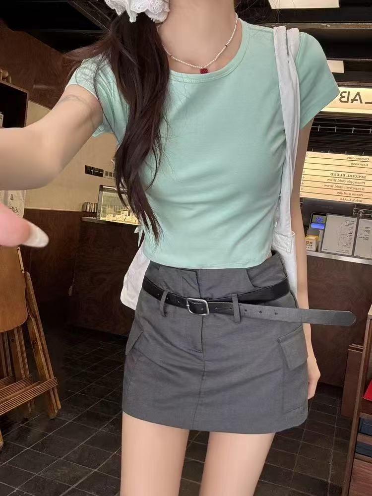 薄荷綠正肩短袖t恤女2025韓系蝴蝶結收腰鏤空短款上衣