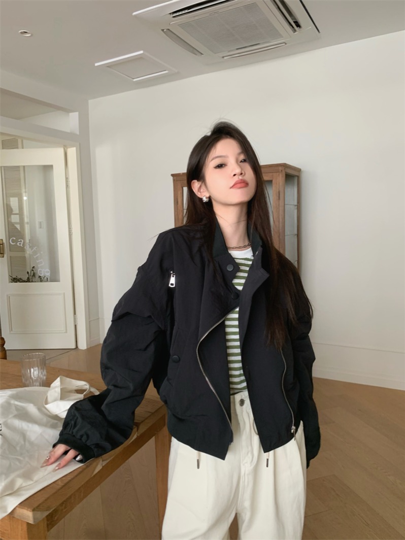 kumikumi設計感拉鏈長袖拼接立領風衣外套女春季寬鬆顯瘦夾克上衣