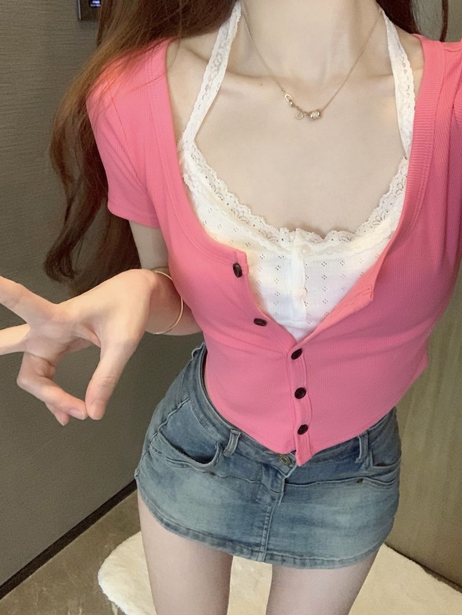 假兩件掛脖上衣設計感夏季甜辣妹修身顯瘦短款收腰T恤短袖上衣