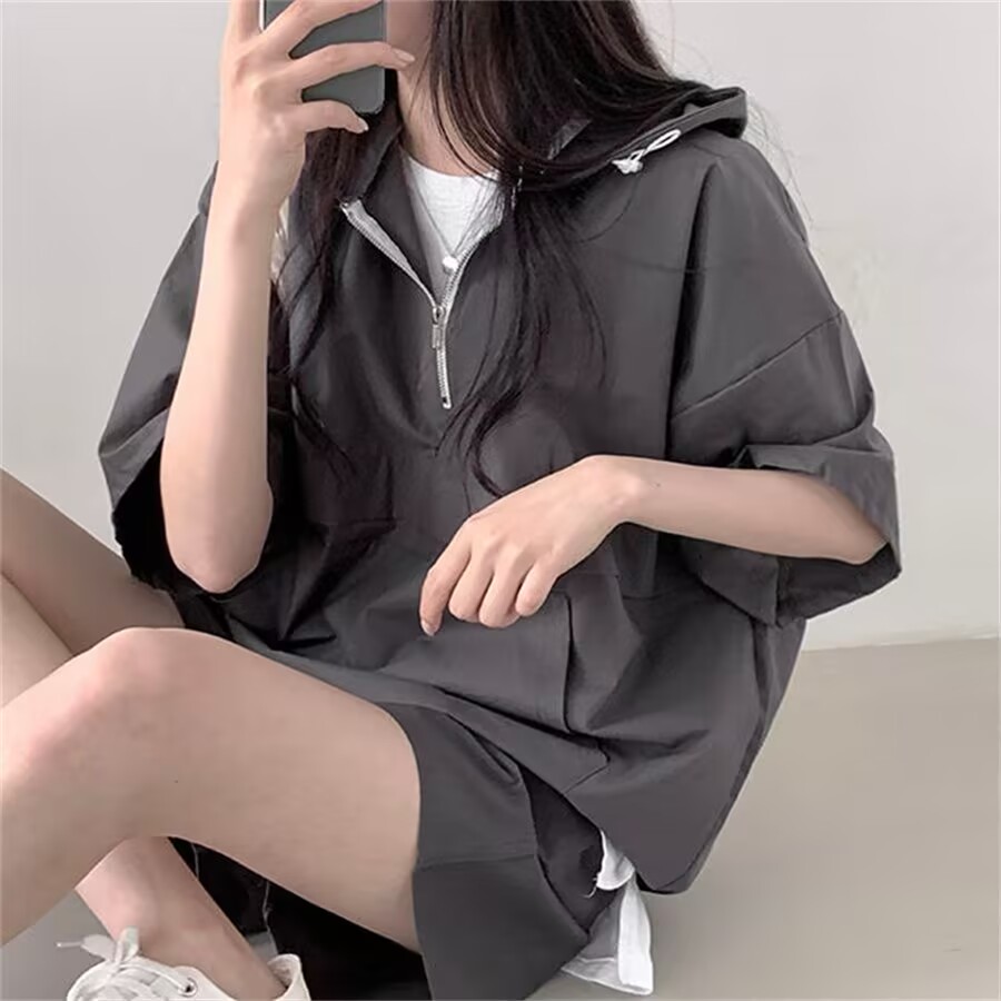 拉鏈拼接短袖短褲套裝女裝兩件套純色夏季外穿運動服跑步寬鬆