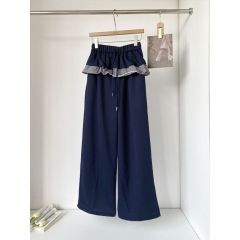 2025格紋拼接花邊高腰顯瘦闊腿褲女春季新款運動休閒衛褲子